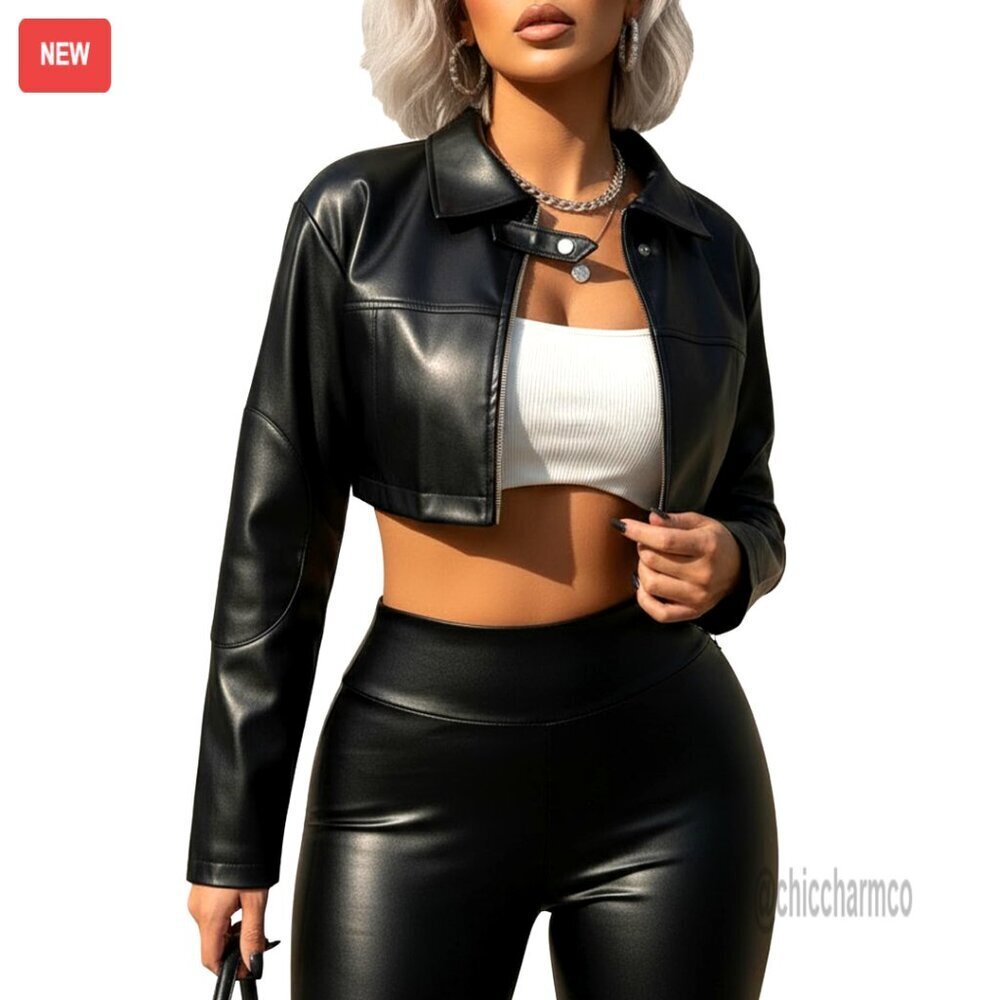 PU Leather Cropped Motorcycle Jacket Y2K Zip Up Collared Streetwear Bomber